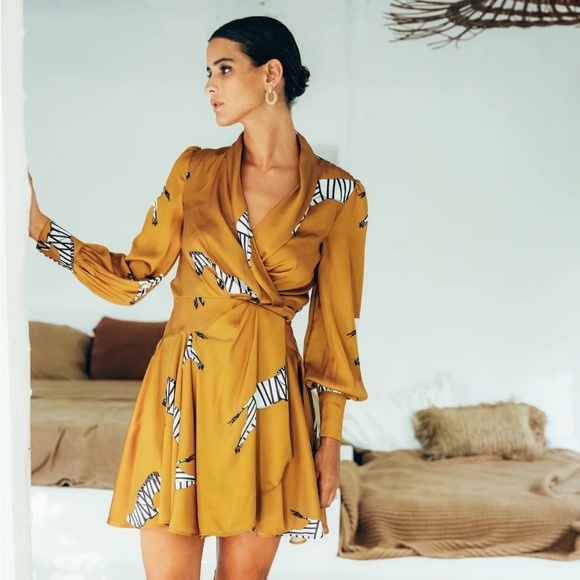 NWT! ⭐️ SukiSo Gold Elsa Wrap Dress in Zebra - Picture 4 of 16
